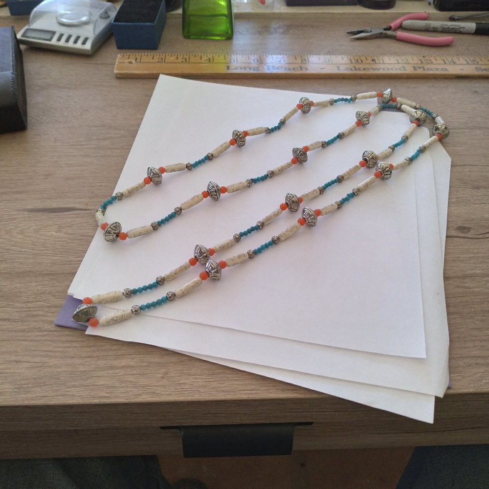 Imported simulated blue turquoise beaded tribal style long strech necklace coral